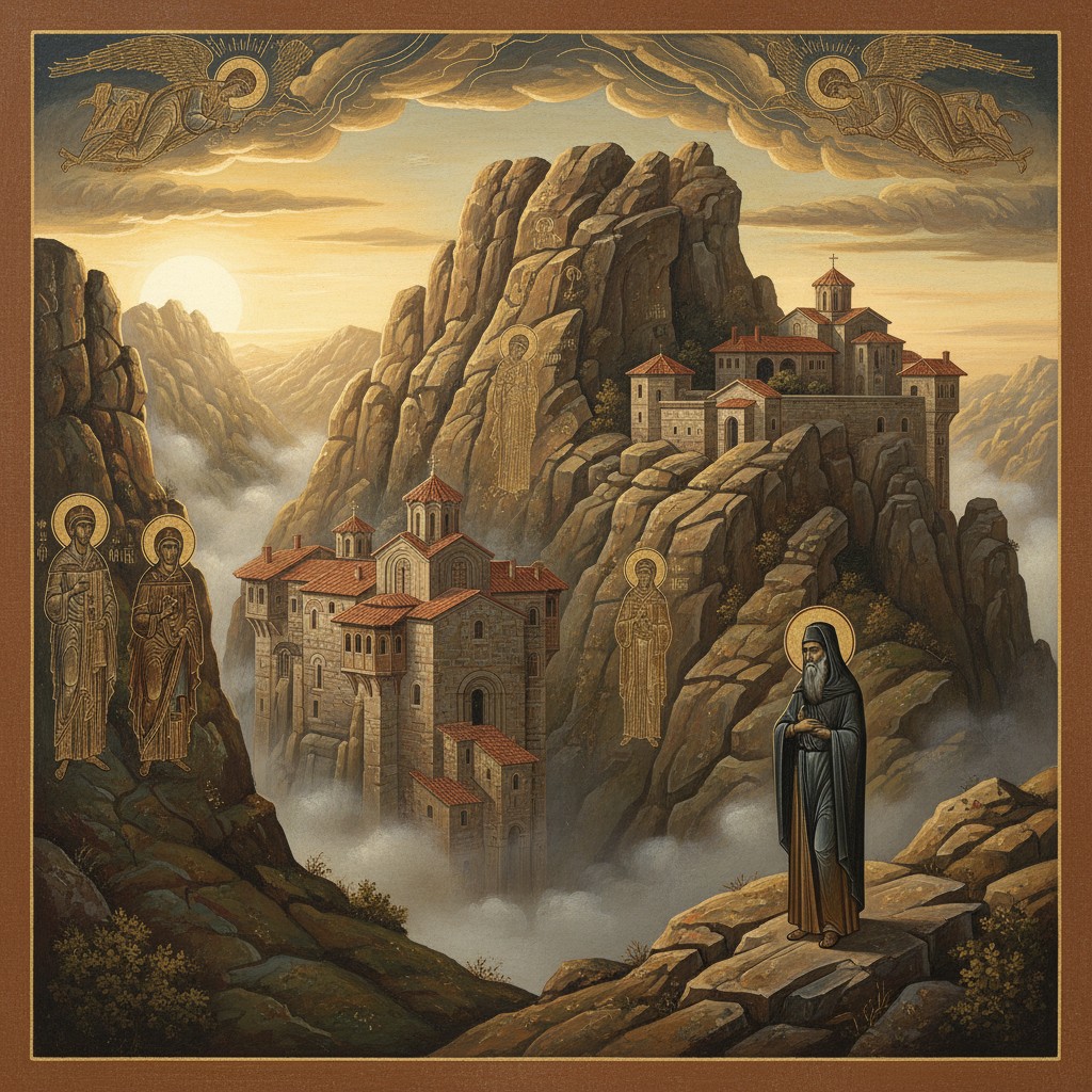 The art depicts a painting of 'Mount Athos' in Egypt. There are numerous mountain realtives but Mount Athos is unique. Her...