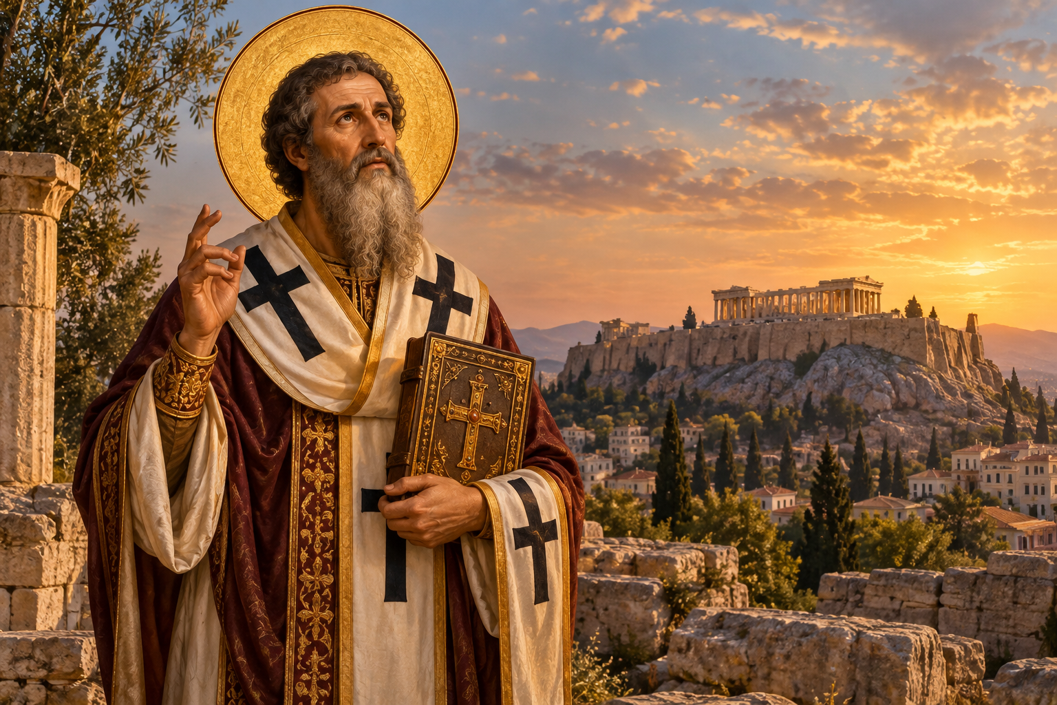 Ο Άγιος Διονύσιος ο Αρεοπαγίτης ως επίσκοπος Αθηνών με την Ακρόπολη στο βάθος
