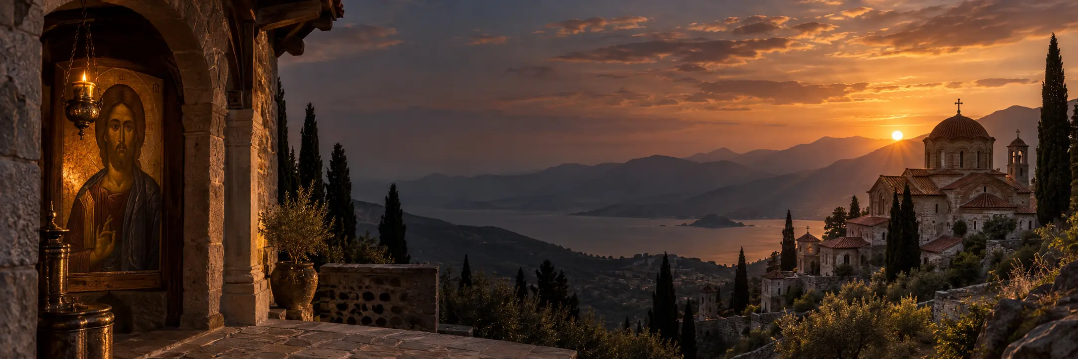 Ορθόδοξο μοναστηριακό τοπίο στο ηλιοβασίλεμα με εικόνα του Χριστού