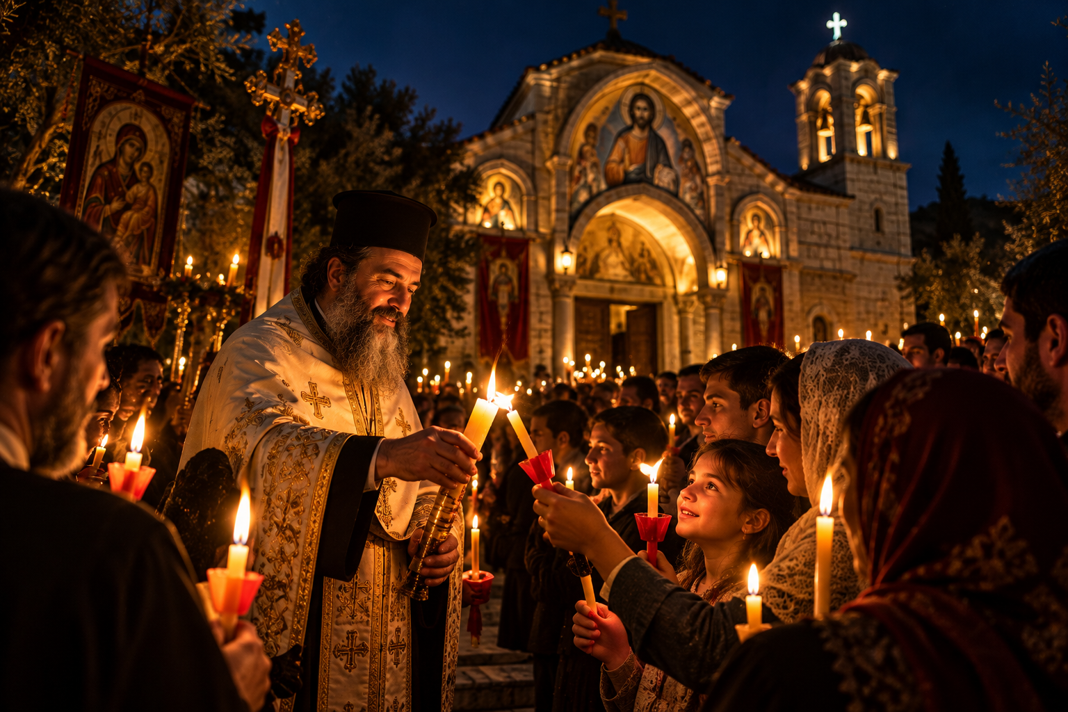 Ιερέας μεταδίδει το αναστάσιμο φως σε πιστούς έξω από ορθόδοξο ναό τη νύχτα της Αναστάσεως.